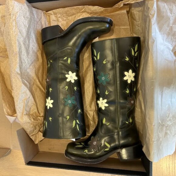 Frye Campus 14L Boots Size 7 Wide Calf Dark Olive Green Floral Pattern Cutouts - Picture 6 of 7